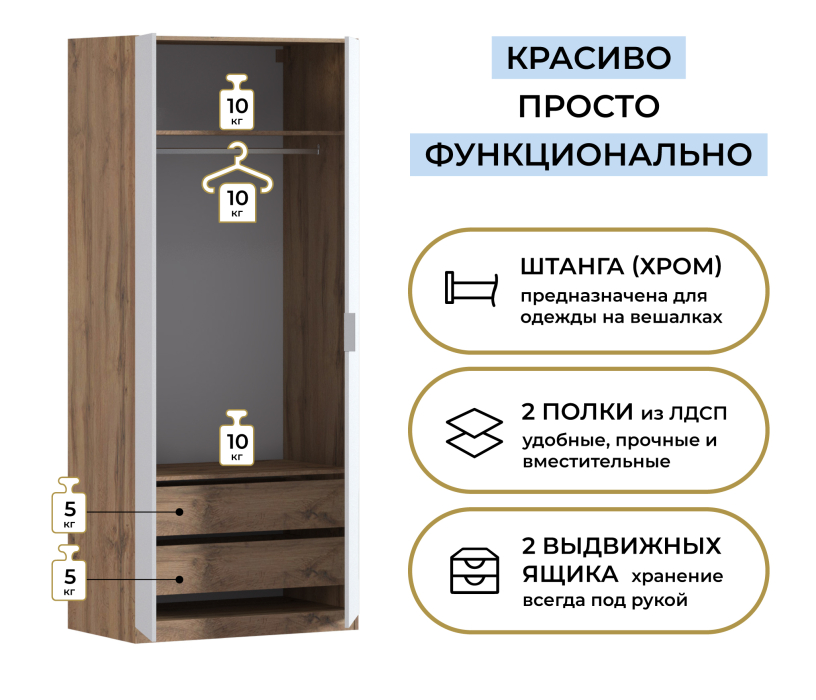 Спальня, Шкаф двухдверный Макс 1000 мм, вариант №3 (ЛДСП, корпус дуб вотан)